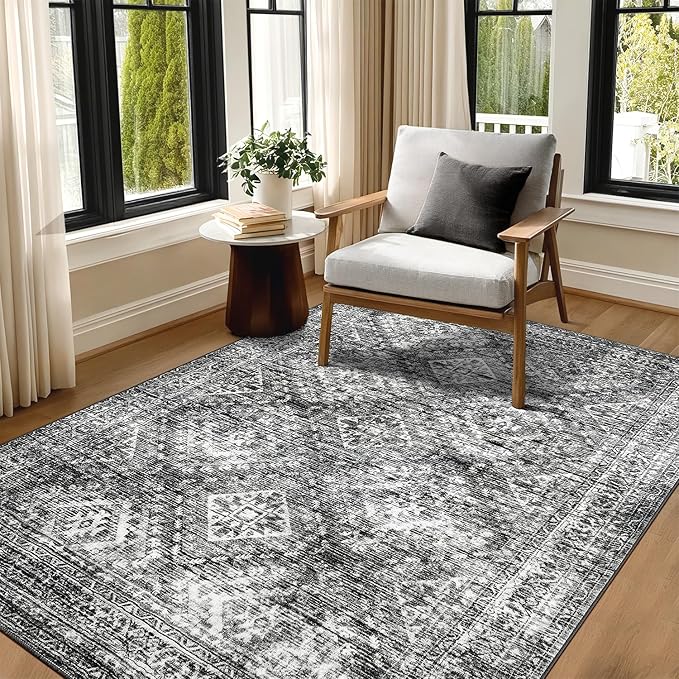 MIULEE 6x9 Vintage Living Room Rug Washable Area Rugs Low Pile Floor Mat for Bedroom Dining Room Non-Slip Stain Resistant Soft Indoor Carpet for Home Decor, Black