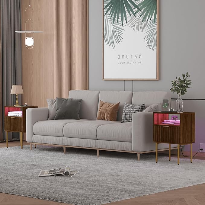 Nightstand with Outlet and Led Light, Bedside Table with Storage Drawer, Fluted Side Table for Living Room, Bedroom