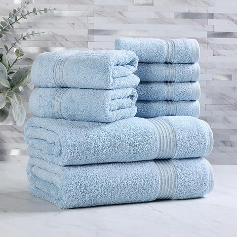 Superior Egyptian Cotton 8-Piece Towel Set, Assorted Towels for Home Bathroom, Guest Bath Decor Essentials, Includes 2 Bath, 4 Hand, 2 Face Towels/Washcloths, Quick Dry, Absorbent, Light Blue