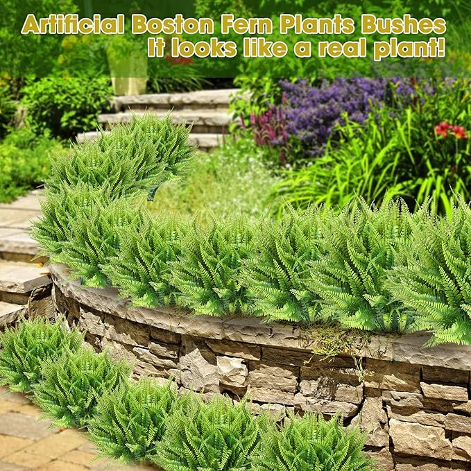 Zeyune 56 Bundles Artificial Plants Outdoors Fake Boston Fern Shrubs UV Resistant Faux Plastic Greenery Shrubs for Outdoor Indoor Garden Porch Window Hanging Planter Decor