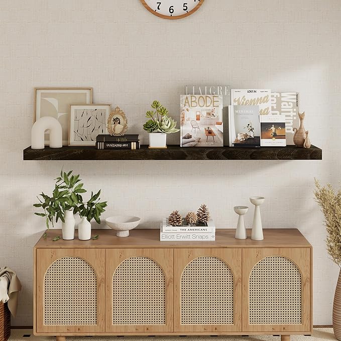 fuqing Floating Shelves for Wall - 55 Inch Wide x 9.3 Inch Deep Natural Wood Shelves Set of 1 - Wooden Wall Mounted Shelves with Upgraded Metal Brackets for Room Wall