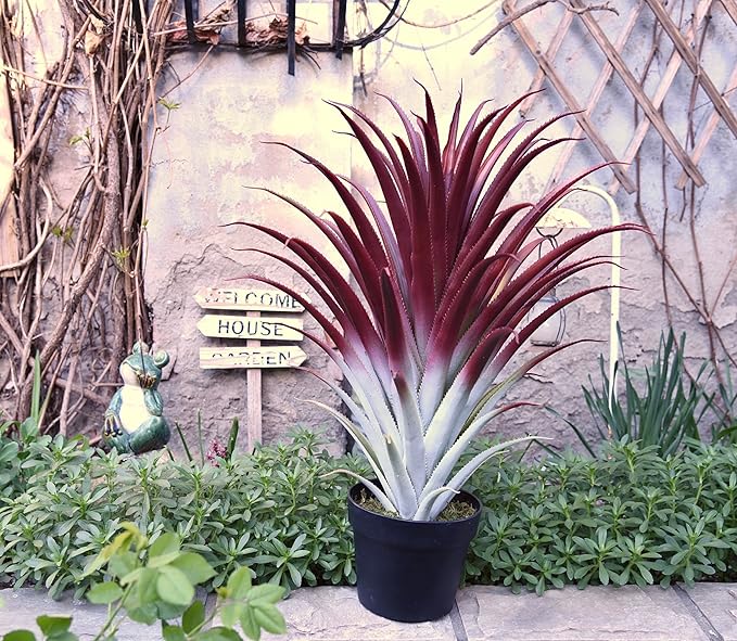 SUNPRAIRIE Hyper Realistic Big Red Artificial Aloe Vera Plant 26 Inches Tall. Large Faux Agave in Matte Black Pot.