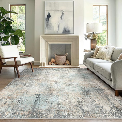 GENIMO Washable Area Rugs for Living Room Bedroom, 10x14 Modern Abstract Non Slip Rug, Low Pile Soft Contemporary Indoor Floor Carpet Cover for Dinning Room Kitchen, Light Blue