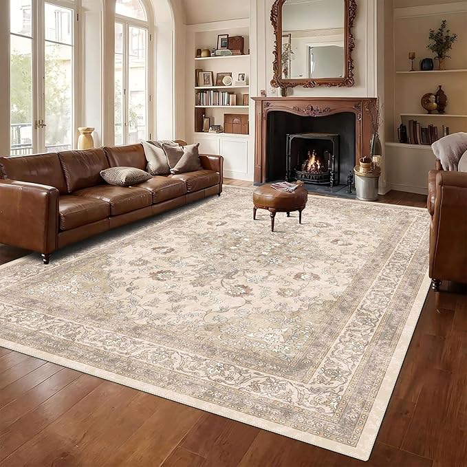 vivorug 6x9 Neutral Area Rugs, Ultra-Soft Washable Rug for Living Room Dinner Room Bedroom, Non-Slip Vintage Beige Rug, Indoor Carpet Large Area Rug