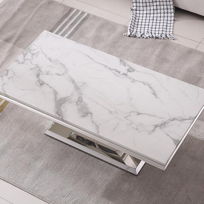 SSLine Rectangular Faux Marble Coffee Table for Living Room Modern Luxury White Marble Center Table with Silver Dual U-Shape Base 46.8" Mid-Century Cocktail Table with Mirrored Stainless Steel Frame