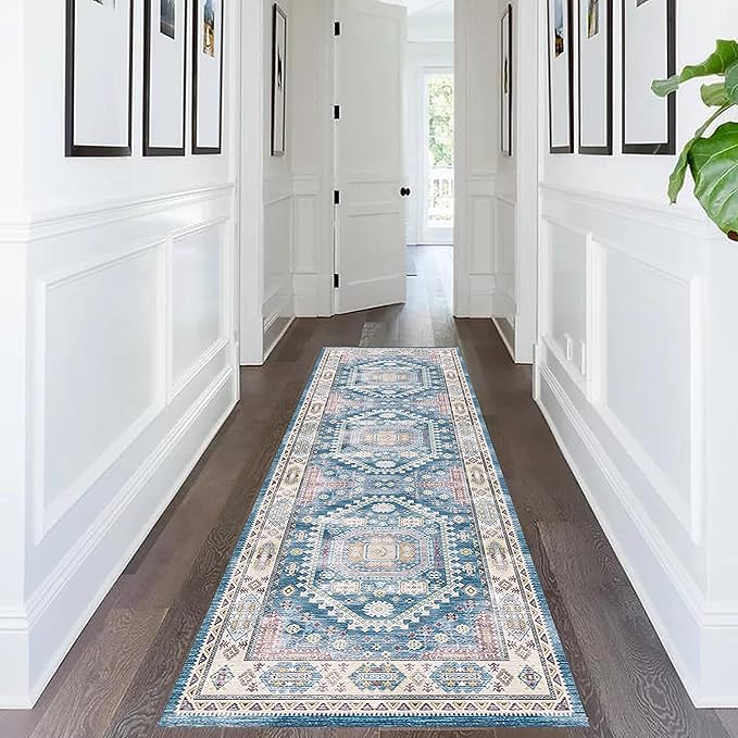 vivorug Blue Runner Rug 2x10 Machine Washable Rug with Non-Slip Backing, Ideal for Kitchen Hallway Entryway Laundry Room - Vintage, Durable, Easy Clean, Low Pile Carpet Runner