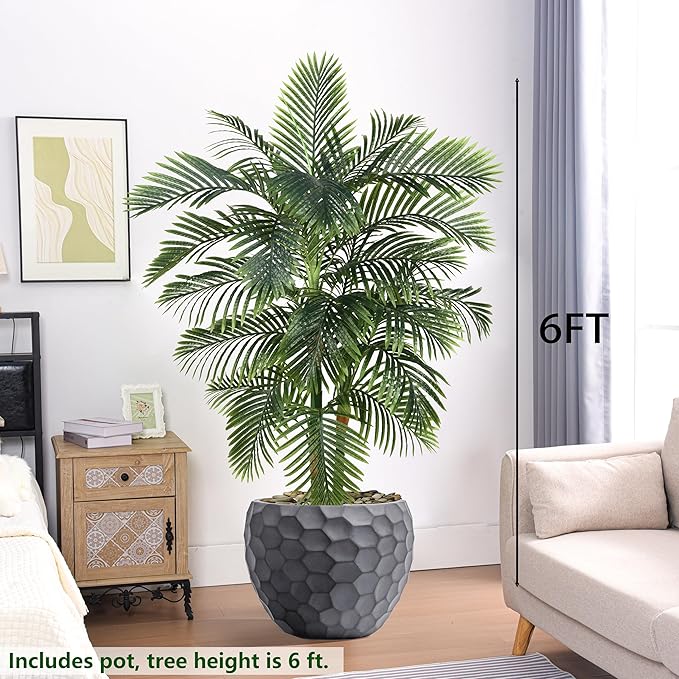 Artificial Palm Tree Indoor Plant 6FT Tall Fake Tropical Palm Tree in Pot with Real Bark Design Faux Areca Palm Tree for Home Office Living Room Bedroom Farmhouse Modern Outdoor Decor (22 leaves 6 FT)