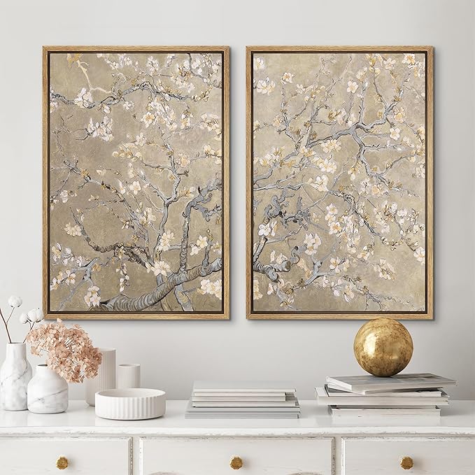 MUDECOR Framed Canvas Print Wall Art Blossoming Almond Tree Elegant Floral Illustrations Modern Art Decorative Bohemian Calm/Zen for Living Room, Bedroom, Office - 16"x24"x2 Natural
