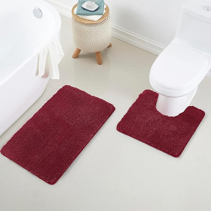 Bathroom Rug Set 2Piece, Thick &Soft Microfiber Shaggy, U Shaped Contour, Machine Washable Bath Mats, Absorbent Bath Rugs, Non-slip Rubber Backing Bath Mat for Bathroom Floor, Tub and Shower, Burgundy