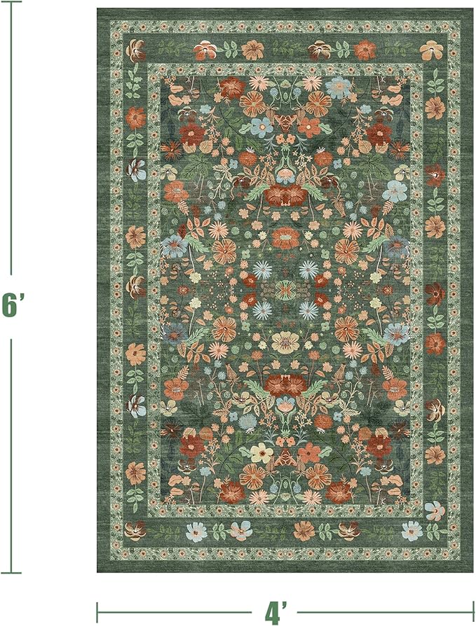 Green Floral Area Rugs 4x6 Washable Living Room Bedroom Carpet - Vintage Boho Thin Non-Slip Soft Low Pile Floor Mat Indoor Home Decor for Dining Room Playroom Farmhouse, Green/Multi