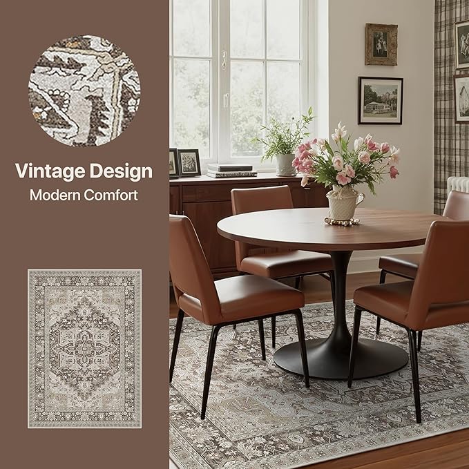 GENIMO 5X7 Area Rugs for Living Room, Machine Washable Vintage Floor Cover Foldable Modern Non Slip Rug, Low Pile Soft Indoor Carpet Floral Print Mat Rug,Bedroom/Dining Room/Home Office,Taupe