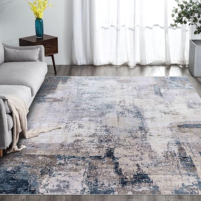 vivorug Washable Rug, Ultra Soft Area Rug 8x10, Non Slip Abstract Rug Carpet, Stain Resistant Rugs for Living Room Bedroom, Modern Fluffy Rug (Gray/Navy, 8'x10')