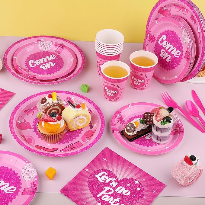 400 Pieces Let's Go Girls Party Tableware Sets Including Disposable Paper Plates Cups Napkins Cutlery Serves 50 for Birthday Disco Pink Cowgirl Bachelorette Party Decorations