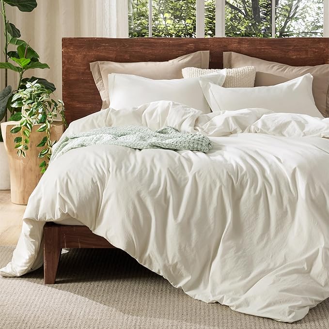 Bedsure 100% Washed Cotton Duvet Cover King Size - Wax Paper Minimalist Duvet Cover Linen Like for All Seasons- GentleSoft™ Plain Simple Cotton Bedding, 3 Pieces (Wax Paper, King, 104"x90")