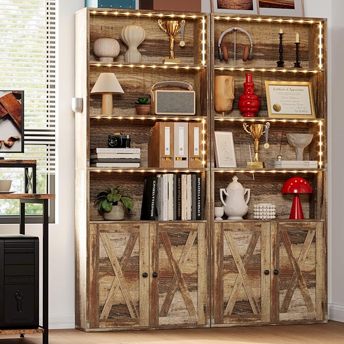 IRONCK Tall Bookcase with LED Lights, 70 in Industrial Bookshelf Display Shelf Floor Standing for Home Office, Living Room, Bed Room