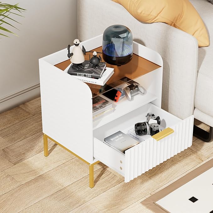 Fluted Nightstand with Charging Station and Glass Top, Modern Bedside Table with Metal Legs, Wood End Table for Bedroom, Living Room (White)