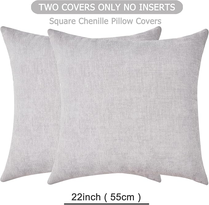 GAWAMAY Decorative Square Throw Pillow Covers 22"x22" Inch Set of 2, Super Soft Chenille Pillows Farmhouse Fall Pillowcase for Living Room Bedroom Sofa Couch Cushion Cover Light Grey 55x55cm