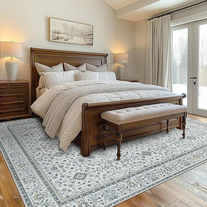 GENIMO Washable Area Rugs for Living Room Bedroom, 5x7 Boho Vintage Non Slip Rug, Low Pile Soft Floral Indoor Floor Carpet Cover for Dining Room Kitchen, Retro Gray Blue