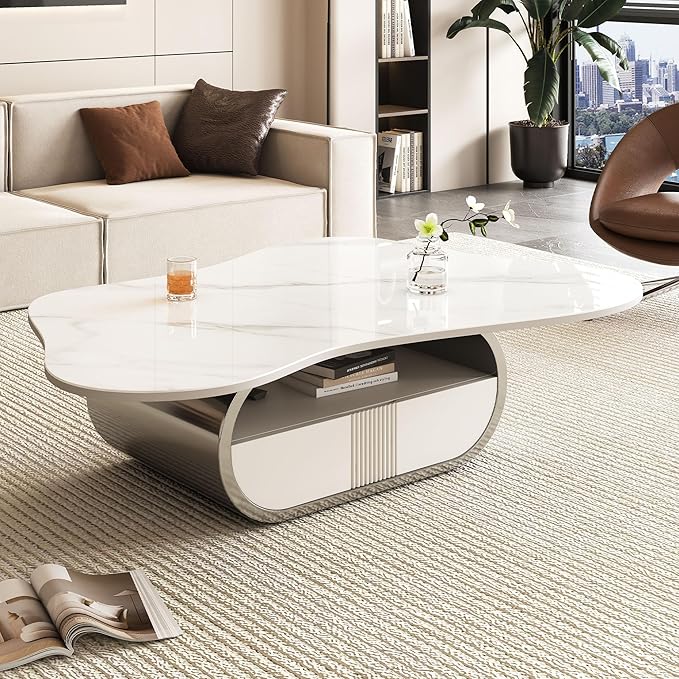 41.7" Marble Coffee Table with Storage Shelf & Drawer, Modern White Silver Coffee Tables for Living Room,Sturdy Stainless Steel Base, Sintered Stone Tabletop, Irregular Tea Cocktail Center Table