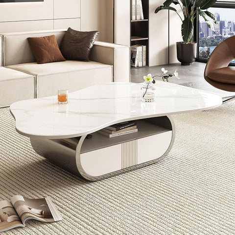 41.7" Marble Coffee Table with Storage Shelf & Drawer, Modern White Silver Coffee Tables for Living Room,Sturdy Stainless Steel Base, Sintered Stone Tabletop, Irregular Tea Cocktail Center Table