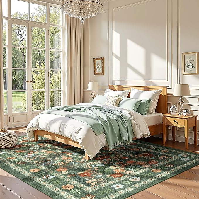 Deerly Green Boho Floral Rug 6x9 Vintage Boho Washable Non-Slip Living Room Carpet Soft Low Pile Thin Bedroom Floor Mat Indoor for Dining Room Playroom Nursery Farmhouse, Green/Multi