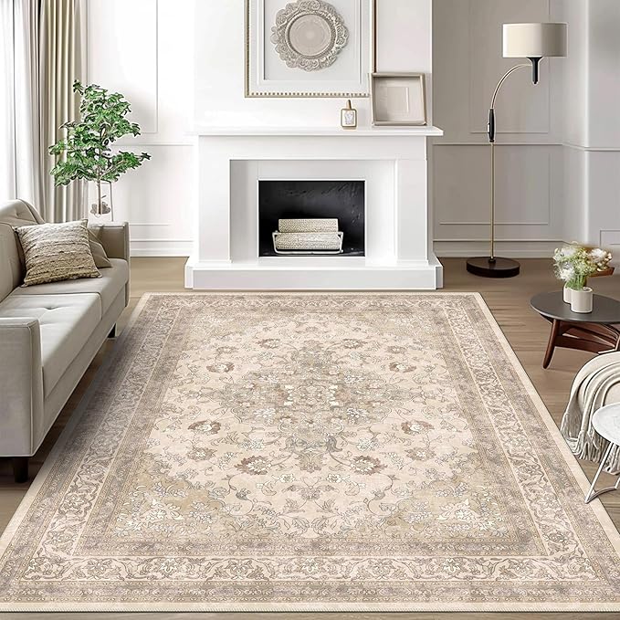 vivorug 8x10 Neutral Area Rugs for Living Room, Non-Slip Backing Washable Rug 8x10, Beige Large Area Rug Soft Carpet for Bedroom Dining Room, Vintage, Easy Clean, Durable, Low Pile Rug Under Table