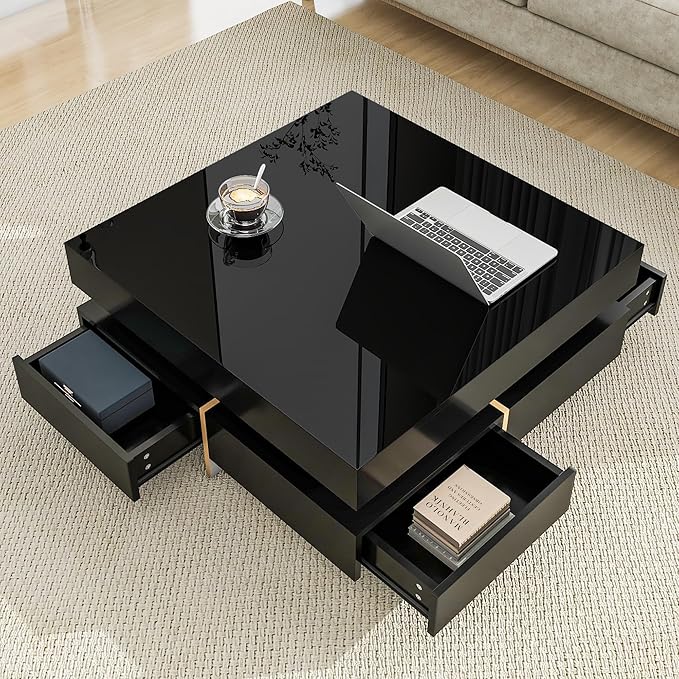Modern Coffee Table with Storage, Contemporary Square Coffee Table with Drawers, High Gloss Modern Center Table for Living Room, Reception Room, Office, Black, 31" D X 31" W X 11" H