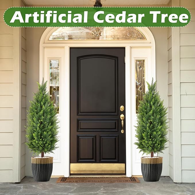 Sunnyglade 2 Packs 35.5" Artificial Cedar Tree, Fake Cedar Shrub Bushes Trees with Spike Faux Topiary Plants Tree for Indoor, Garden, Yard, Porch, Patio Decor (Cedar)
