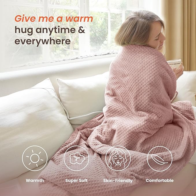 Heated Blanket Electric Blanket Twin Waffle, 62x84 Inches Sherpa Fleece Fast Heating Blanket 6 Heating Levels & 10 Hours Auto Off ETL Certification, Pink Twin