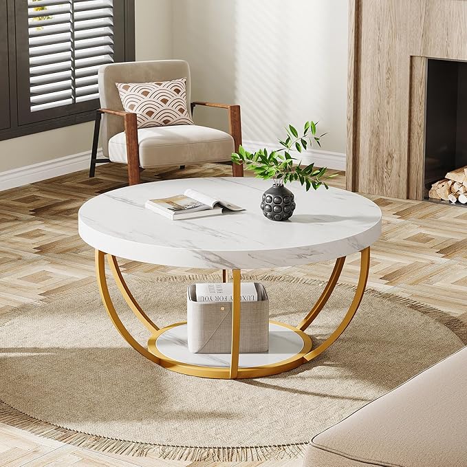 Tribesigns Modern Round Coffee Table, 2 Tier Coffee Table with Faux White Marble and Golden Metal Legs, Circle Center Table Tea Table Accent Furniture for Living Room, White and Gold