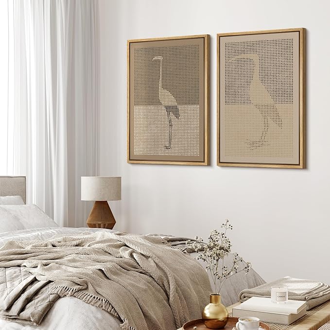 MUDECOR Framed Canvas Print Wall Art Bird Silhouette Modern Minimalist with Heron Crane Illustrations Modern Art Decorative Bohemian Colorful for Living Room, Bedroom, Office - 16"x24"x2 Natural