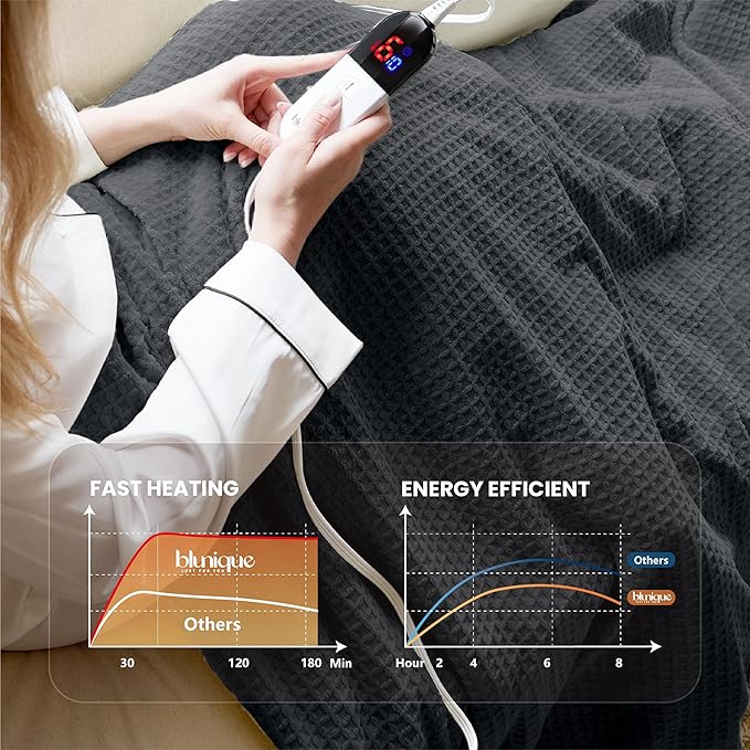 Heated Blanket Electric Blanket Full Waffle,72x84 Inches Sherpa Fleece Fast Heating Blanket 6 Heating Levels & 10 Hours Auto Off ETL Certification,Charcoal Full