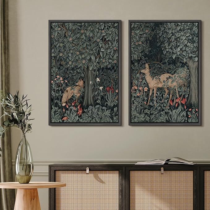 MUDECOR Framed Canvas Print Wall Art Enchanting Forest Wildlife Prints Deer & Fox in Woodland Nature Wilderness Illustrations Realism Decorative for Living Room, Bedroom, Office - 24"x36"x2 Black