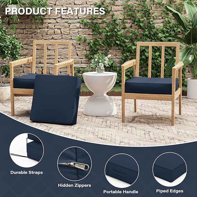Patio Chair Cushions 19 X 19 X 4 Inch Waterproof Outdoor Seat Cushions for Patio Furniture, Outdoor Sofa Couch Pads with Ties & Handle, Set of 2, Navy Blue