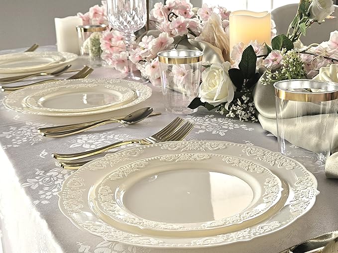 " OCCASIONS " 240 Plates Pack,(120 Guests) Vintage Wedding Party Disposable Plastic Plates Set -120 x 10.25'' Dinner + 120 x 7.5'' Salad / Dessert Plate (Portofino Ivory)