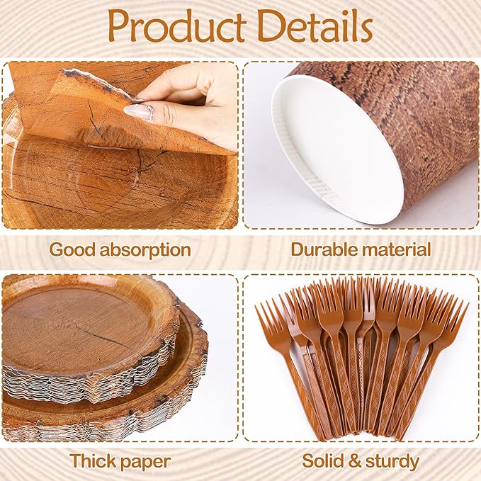 400 Pieces Wood Grain Slice Disposable Party Tableware Sets Rustic Wood Party Supplies Including Plates Cups Napkins Cutlery Serves 50 for Camping Birthday Forest Themed Party Decorations