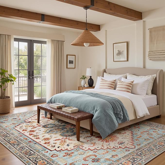 GENIMO 8X10 Area Rugs for Living Room, Machine Washable Vintage Floor Cover Foldable Modern Non Slip Rug, Low Pile Soft Indoor Carpet Floral Print Mat Rug,Bedroom/Dining Room/Home Office,Sky Blue