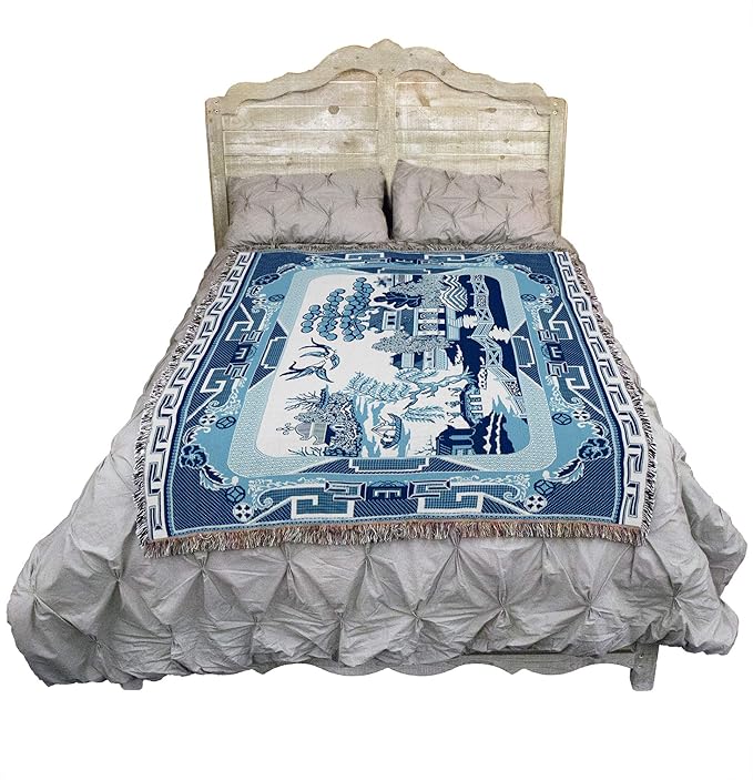 Pure Country Weavers Blue Willow Blanket - Asian Gift Tapestry Throw Woven from Cotton - Made in The USA (72x54)