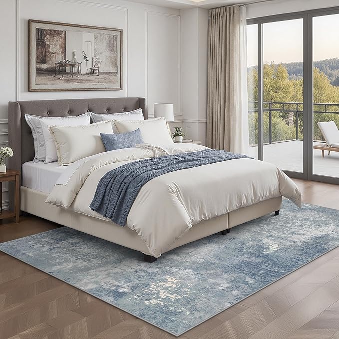 GENIMO 8x10 Washable Area Rugs for Living Room Bedroom, Modern Abstract Low Pile Soft Non Slip Rug, Contemporary Indoor Floor Carpet Cover for Dining Room Kitchen, Haze Blue