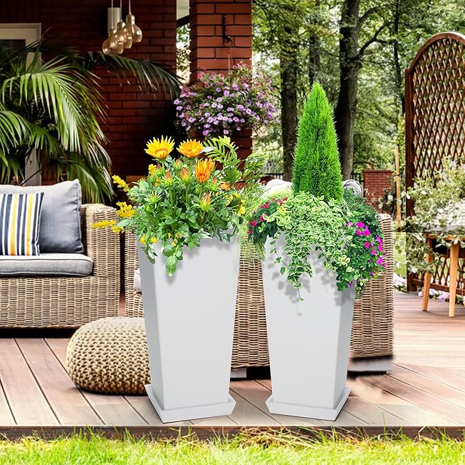 Elevens Set of 2 Tall Outdoor Planters 24 Inch, Large Planters for Indoor Outdoor Plants, Tapered Square Flower Pots with Tray for Patio,White