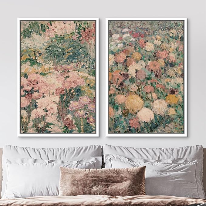 MUDECOR Framed Canvas Print Wall Art Impressionist Floral Garden Vintage Botanical Illustrations Modern Art Decorative Bohemian Colorful Chic for Living Room, Bedroom, Office - 24"x36"x2 White