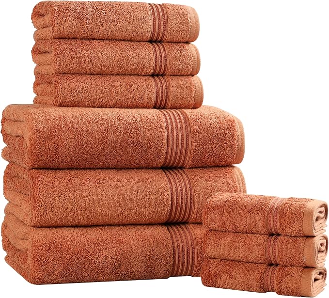 Superior Egyptian Cotton 9-Piece Towel Set, Assorted Towels for Home Bathroom, Master Bath, Decor Essentials, Includes 3 Bath, 3 Hand, 3 Face Towels/Washcloths, Quick Dry, Absorbent, Caramel Brown