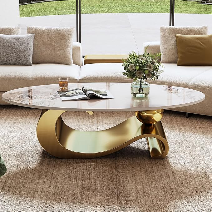 49.2" Oval Marble Coffee Table with Geometric Stainless Steel Base, Modern Sintered Stone Coffee Tables for Living Room, Luxury White Gold Cocktail Center Table Living Room Furniture for Home Decor