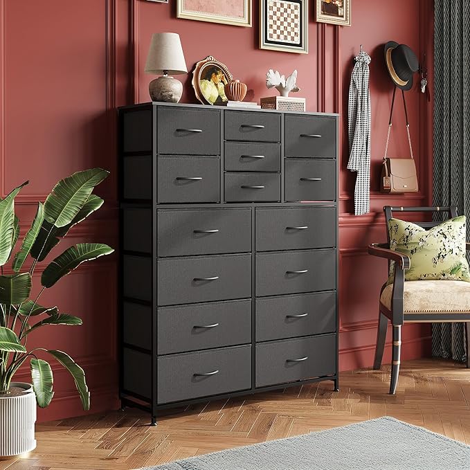 WLIVE Tall Console Table with 15 Fabric Drawers, Entryway Table with Storage, Tall Storage Organizer with Wood Top, Steel Frame for Living Room, Hallway, Office, Black