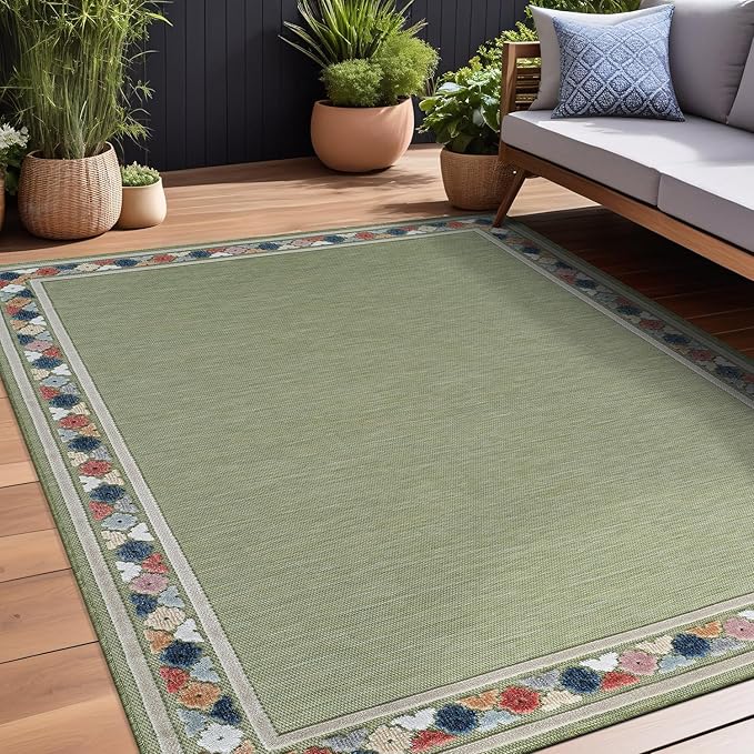Beverly Rug Outdoor Rug 8x10 Modern Bordered Area Rugs for Indoor and Outdoor Patio Easy to Clean Non Shedding Living Room Porch Garden Washable Outside Carpet (8 x 10 Green)