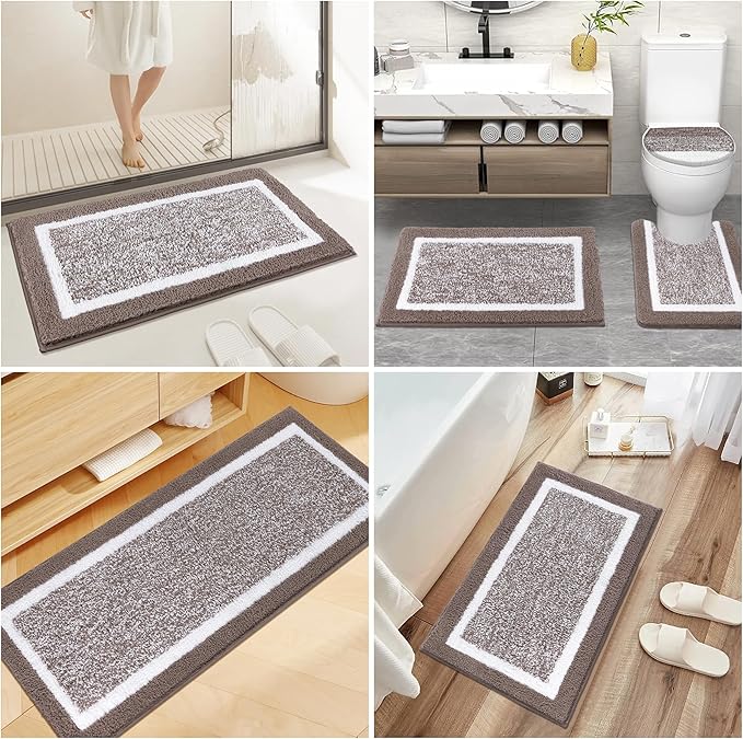 Pauwer Bathroom Rugs Set 5 Piece, Plush Absorbent Microfiber Bath Mats for Bathroom, Non Slip Washable Bath Rug Set with U Shaped Contour Toilet Rugs, Shower Rug and Toilet Lid Cover, Coffee