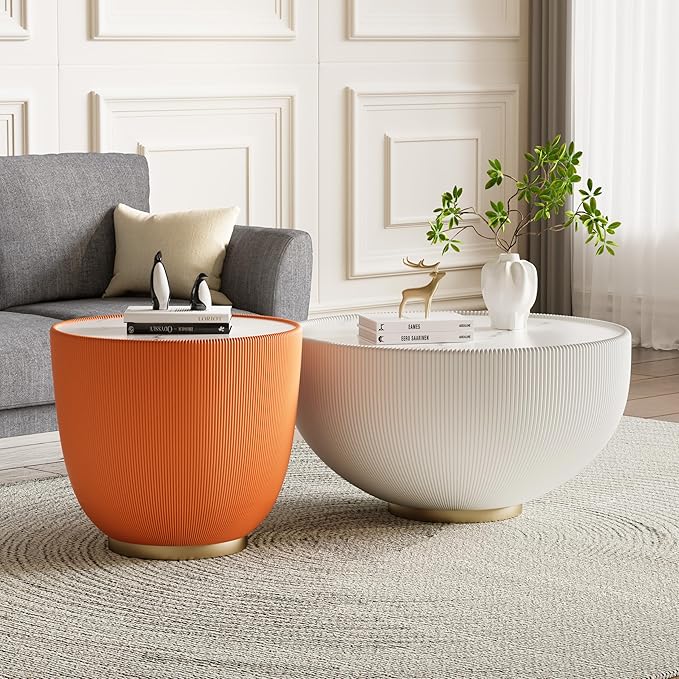 Round Coffee Table Set of 2, 2 Piece Luxury Cup Shape Leather End Tables Living Room Sets, Modern Circle Bedroom Side Sofa Tables Set of 2 with PU Leather for Living Room Bedroom