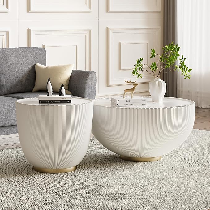 Round Coffee Table Set of 2, 2 Piece Luxury Cup Shape Leather End Tables Living Room Sets, Modern Circle Bedroom Side Sofa Tables Set of 2 with PU Leather for Living Room Bedroom