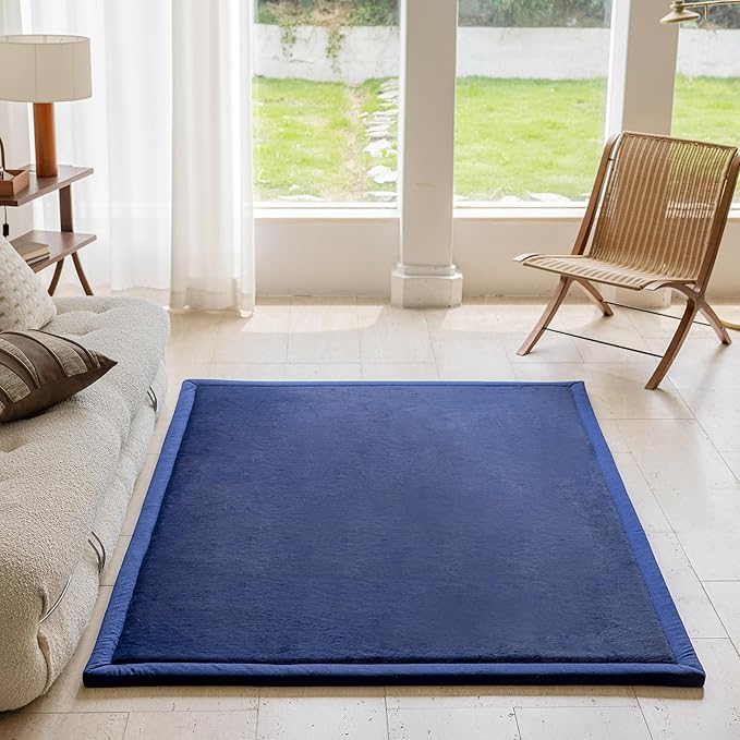 Loartee Faux Rabbit Fur Rug - 1.18" Thick Soft Fluffy Area Rug, Non-Slip Memory Foam Crawling Mat, Dark Blue, 78"x118"