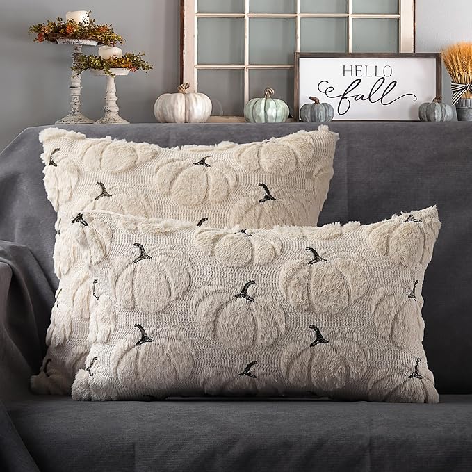 4TH Emotion Fall Pumpkins Decorative Lumbar Pillow Covers 12x20 Set of 2, Beige Soft Plush Faux Fur Wool Farmhouse Throw Cushion Cases for Autumn Thanksgiving Holiday Home Decorations